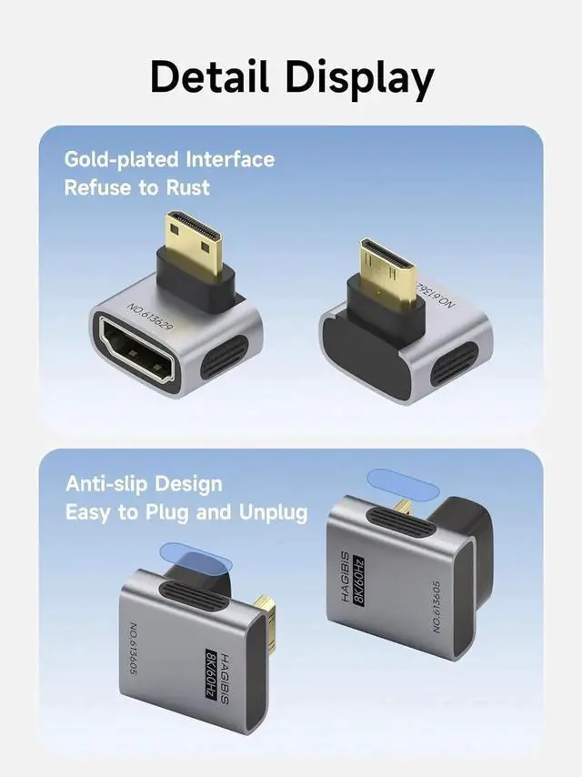 Alt view image 4 of 7 - 2 Pack U-Shaped 180 Degree Mini HDMI Male to Female Adapter, 8K@60Hz 4K@240Hz Angled Extension Connector for Portable Monitor