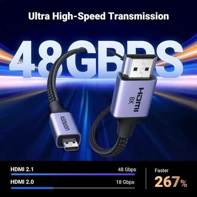Alt view image 6 of 7 - UGREEN 8K Micro HDMI to HDMI Cable 6.6FT, HDMI 2.1 Braided Cable with Aluminum Shell, 48Gbps 8K@60Hz 4K@240Hz HDR eARC Dolby, for GoPro, Raspberry Pi 5, Nikon Camera