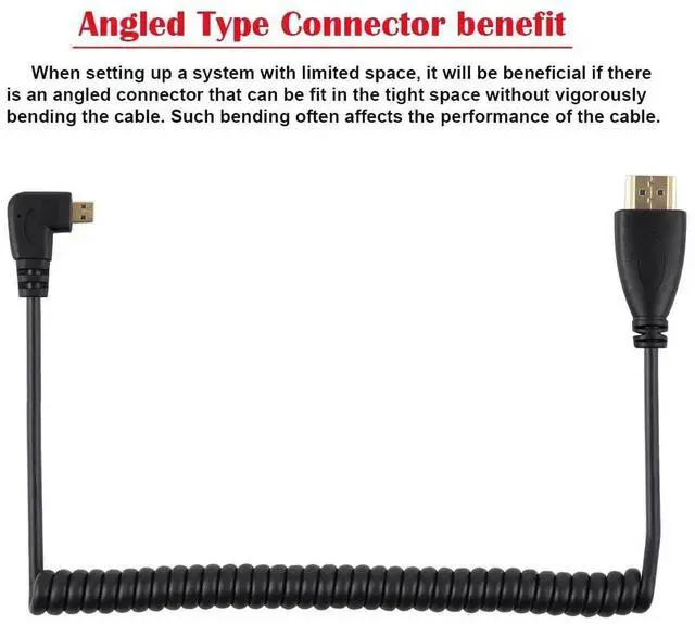 Alt view image 3 of 7 - 90 Degree Right Angled Micro HDMI to HDMI Cable, Stretch Spring Design, Black HD Cord for Phone, Tablet and Camera