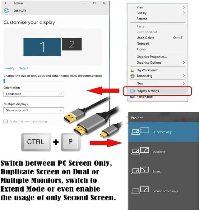 Alt view image 7 of 7 - 1.8m Reversible HDMI 1.4 to USB-C Cable, 4K HD Male to Male Cord for Laptop and Monitor