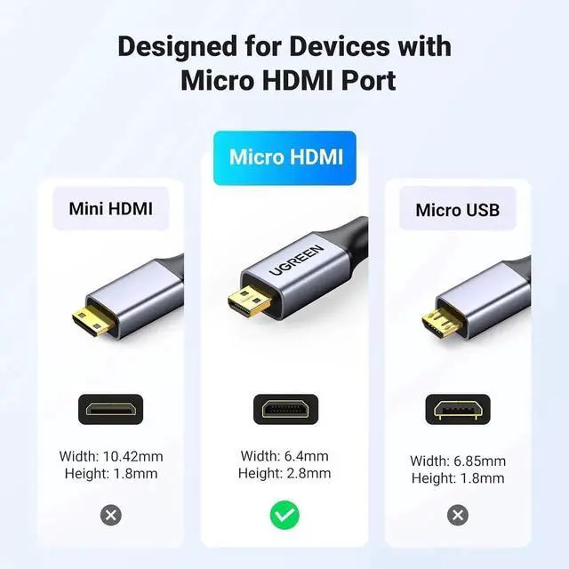 Alt view image 4 of 7 - UGREEN 4K Micro HDMI to HDMI Cable 6.6FT, Braided Cord with Aluminum Shell, 18Gbps 4K@60Hz HDR 3D ARC, for GoPro, Raspberry Pi 5, Camera, Portable Monitor & Yoga 3 Pro