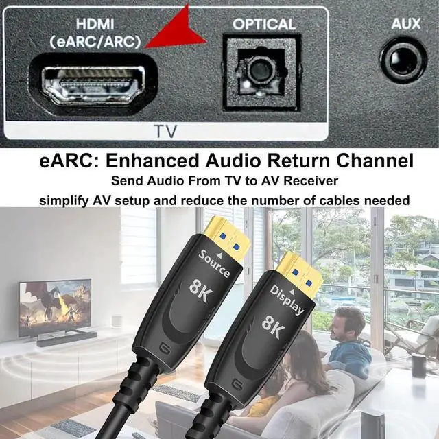 Alt view image 2 of 6 - DTECH 100ft Fiber Optic HDMI 2.1 Cable, 48Gbps 8K@60Hz 4K@120Hz, HDR eARC HDCP, Long Cord for Fire TV, Soundbar, PS5, PS4, Xbox, 240Hz Monitor, Blu-ray Player