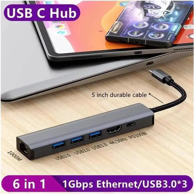 Alt view image 7 of 7 - 6-in-1 USB Hub, Aluminum USB Docking Station with 1Gbps LAN, 4K HDMI, 3 USB 3.0 Ports & 100W PD Charging for Laptop, iMac, PC, USB Flash Drives