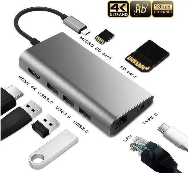 Main image of 8-in-1 USB C Multiport Hub Adapter with Gigabit Ethernet, 4K HDMI, 2×USB3.0,1×USB2.0, SD&TF Card Reader and USB-C PD Charging, Compatible with All USB-C Laptops & Devices