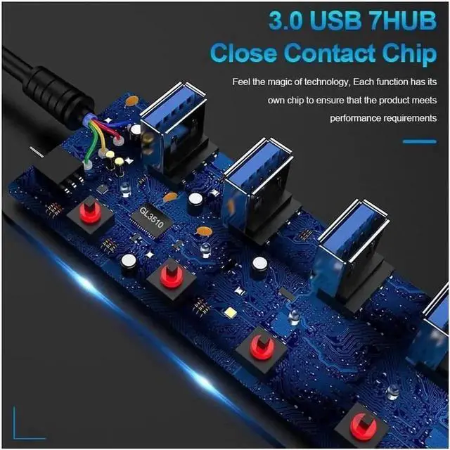 Alt view image 3 of 7 - DEFEILIN 7-Port Powered USB 3.0 Hub, Aluminum USB Splitter with Universal 5V AC Power Adapter & Independent On/Off Switches, 5Gbps High Speed USB Expander Compatible with MacBook, Surface, Dell, HP, L