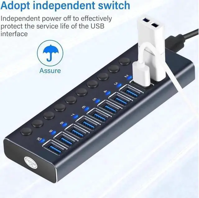 Alt view image 3 of 7 - 10-Port Powered USB 3.0 USB C Hub Aluminum, 12V5A Power Adapter & Independent On/Off Switches for MacBook, Mac Pro, Mac Mini, PC