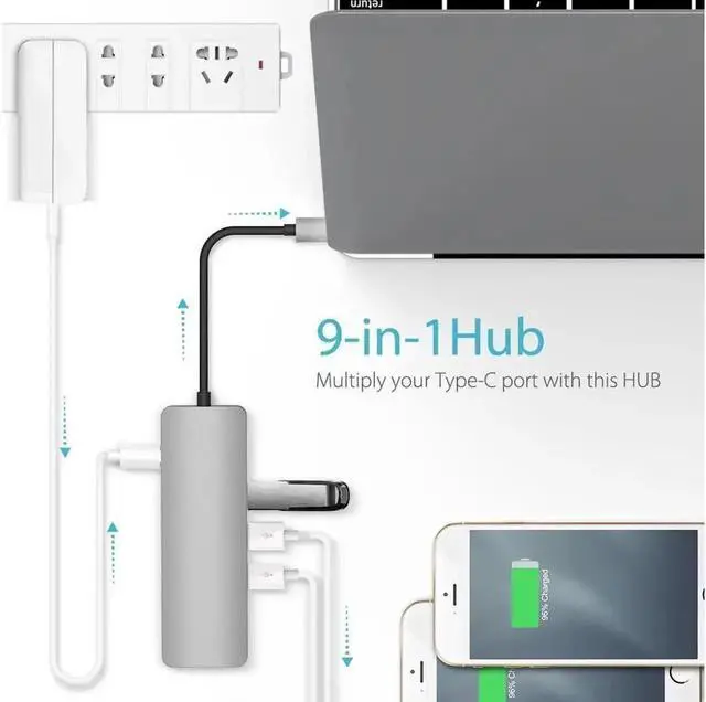 Alt view image 5 of 6 - 9-in-1 USB-C 3.1 Multiport Hub, PD Charging, HDMI, Gigabit RJ45, USB3.0, SD/Micro SD Reader for MacBook Pro 2017-2019 & Chromebook
