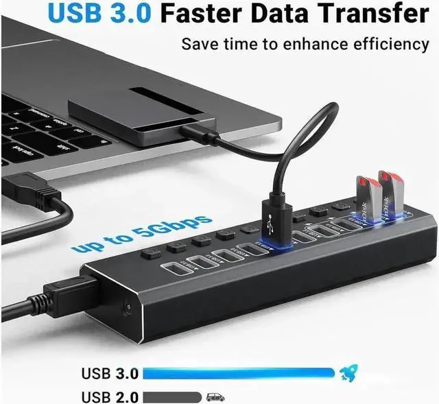 Alt view image 3 of 7 - 10-Port Powered USB 3.0 Hub with Individual LED Switches & 48W Adapter, 10 Data +4 Smart Charging Ports for Mac & Desktop PC