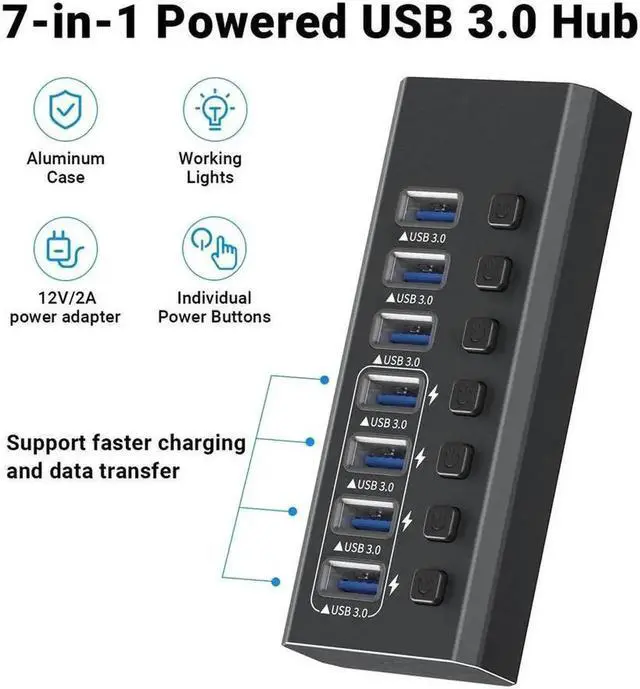Alt view image 3 of 7 - 7-Port Powered USB 3.0 Hub with Individual LED Switches & 24W Adapter, 7 Data + 4 Smart Charging USB-A Splitter for Mac & Desktop PC
