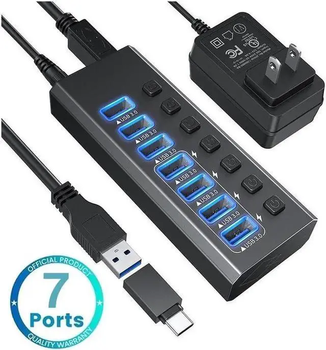 Main image of 7-Port Powered USB 3.0 Hub, Black USB-A Splitter with 4 Smart Fast Charging Ports, 5Gbps SuperSpeed for Mac, PC & External HDD