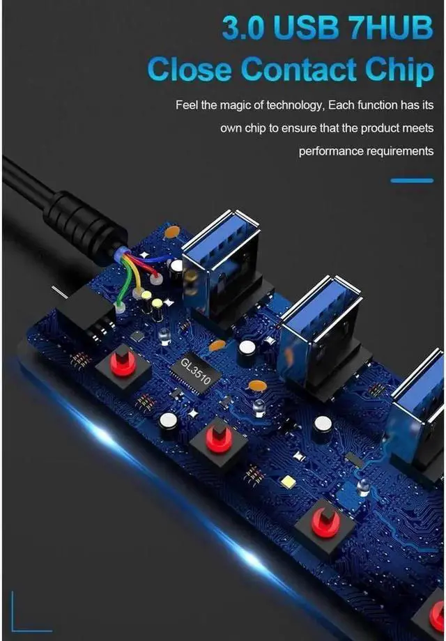 Alt view image 7 of 7 - 7-Port Powered USB 3.0 Hub, Black USB-A Splitter with 4 Smart Fast Charging Ports, 5Gbps SuperSpeed for Mac, PC & External HDD
