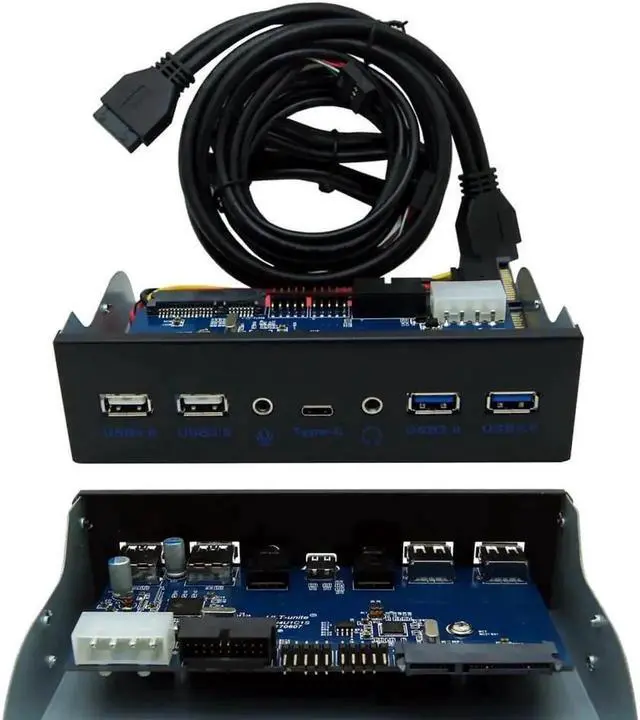 Main image of 5.25 Inch Metal Front Panel Hub | 2×USB3.0+2×USB2.0+USB-C+HD Audio&Mic, 20Pin Header with 2FT Cable for Desktop PC
