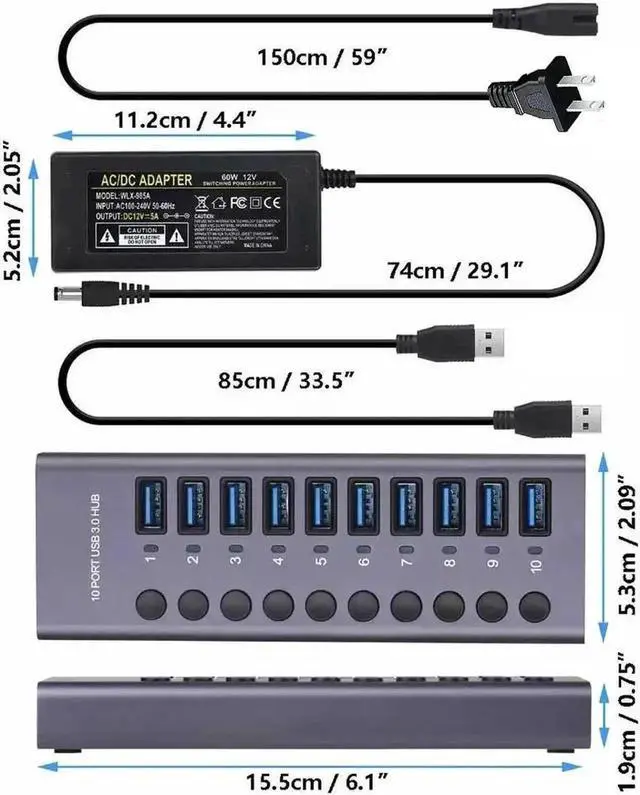 Alt view image 2 of 7 - Aluminum 10-Port Powered USB 3.0 Hub, Independent On/Off Switches + 12V/5A Power Adapter, 5Gbps USB Splitter for HDD, Keyboard, Mouse & USB Gadgets