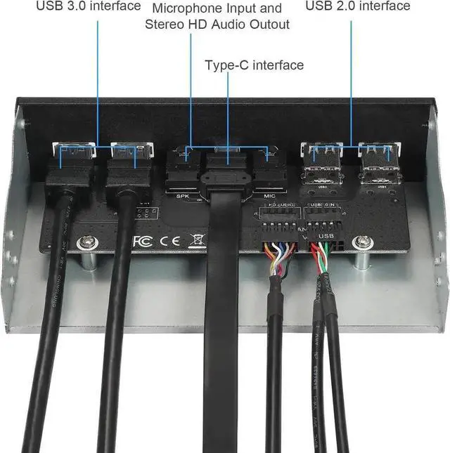 Alt view image 4 of 7 - 5.25 Inch Metal Front Panel Hub | 4×USB3.0 + Type-C + HD Audio Out + Mic In, 19Pin Header Cable for Desktop PC Drive Bay