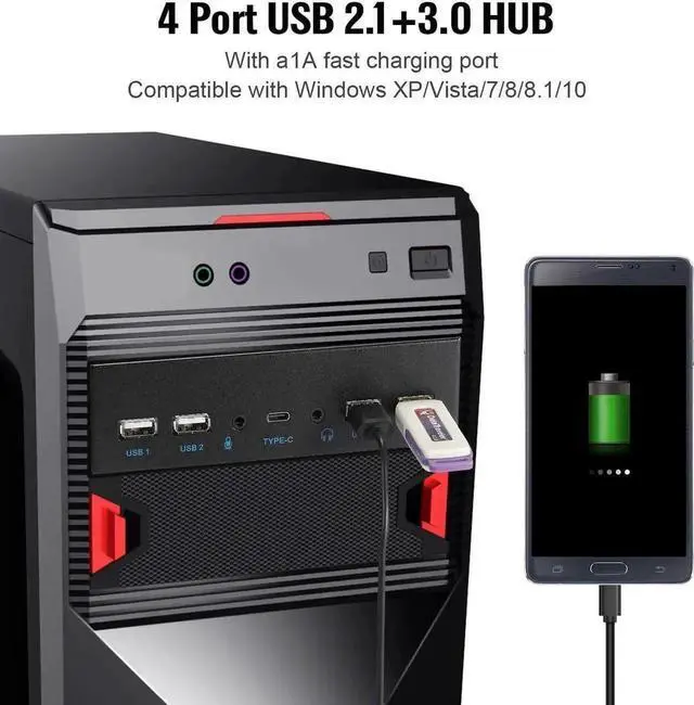 Alt view image 2 of 7 - 5.25 Inch Metal Front Panel Hub | 4×USB3.0 + Type-C + HD Audio Out + Mic In, 19Pin Header Cable for Desktop PC Drive Bay