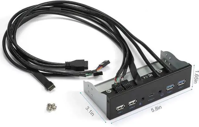 Alt view image 7 of 7 - 5.25 Inch Metal Front Panel Hub | 4×USB3.0 + Type-C + HD Audio Out + Mic In, 19Pin Header Cable for Desktop PC Drive Bay