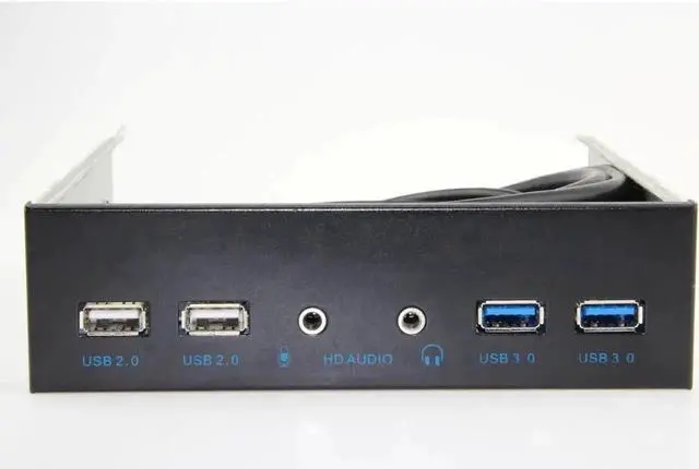 Alt view image 3 of 4 - 5.25 Inch Desktop Front Panel Hub | 2×USB3.0 + 2×USB2.0 + HD Audio + Mic, 20Pin Connector with 2FT Extension Cable for PC Drive Bay
