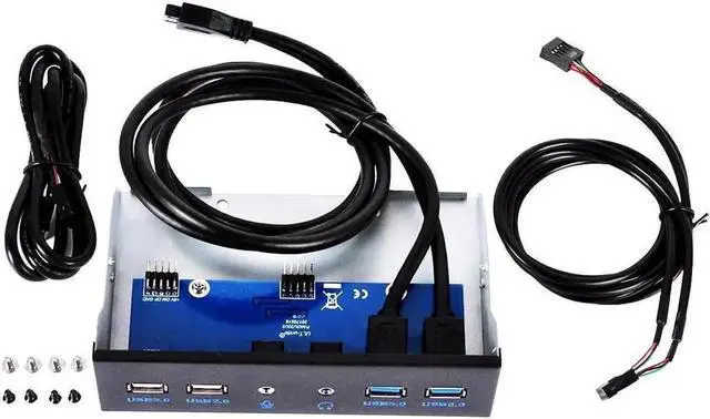 Alt view image 4 of 4 - 5.25 Inch Desktop Front Panel Hub | 2×USB3.0 + 2×USB2.0 + HD Audio + Mic, 20Pin Connector with 2FT Extension Cable for PC Drive Bay