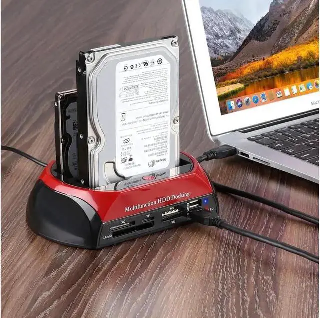 Alt view image 6 of 7 - USB 2.0 Dual Bay Hard Drive Docking Station for 2.5"/3.5" SATA & IDE HDD/SSD, Built-in All-in-One Card Reader + USB2.0 Hub, External Hard Drive Enclosure