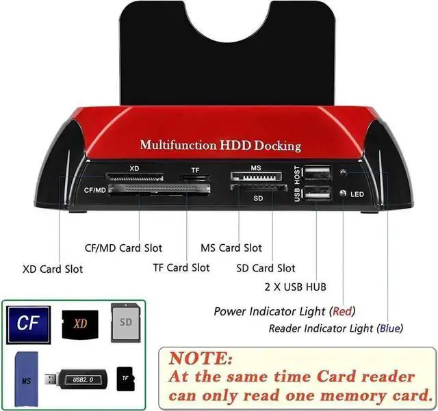 Alt view image 4 of 7 - USB 2.0 Dual Bay Hard Drive Docking Station for 2.5"/3.5" SATA & IDE HDD/SSD, Built-in All-in-One Card Reader + USB2.0 Hub, External Hard Drive Enclosure