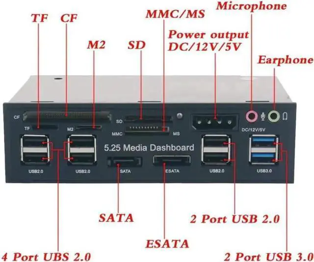 Main image of 5.25 Inch Multifunction Front Panel Media Dashboard, Internal All-in-One Card Reader with USB3.0, eSATA & HD Audio Port for Desktop Optical Drive Bay