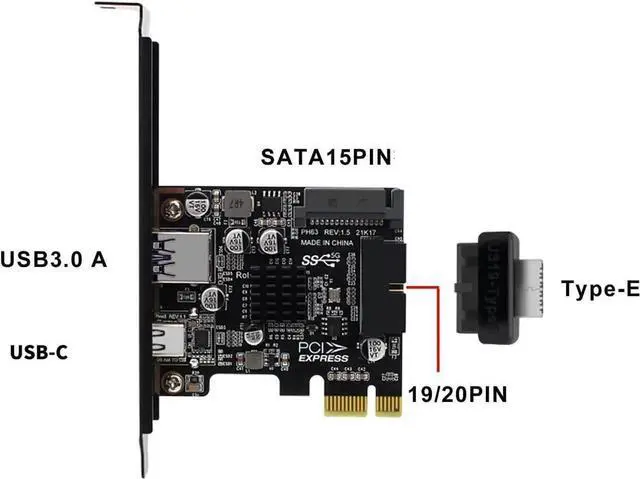 Alt view image 6 of 7 - PH63C PCIe X1 USB3.0 Expansion Card, USB-A+USB-C+Type-E+19/20Pin Header, SATA Powered with Aluminum Heatsink & Full-Height Bracket