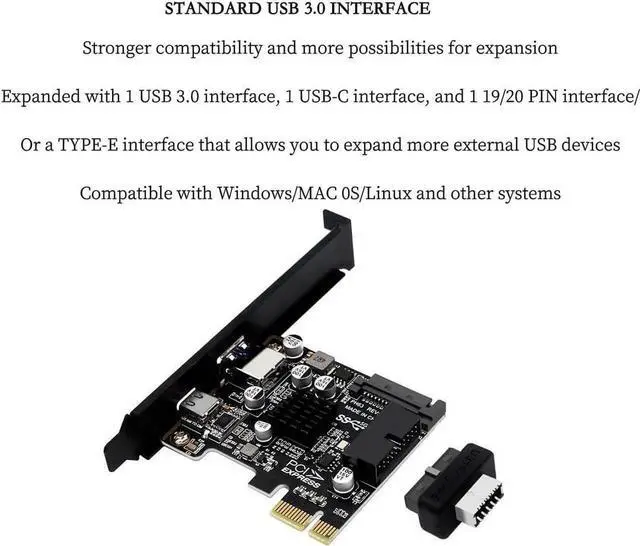Alt view image 2 of 7 - PH63C PCIe X1 USB3.0 Expansion Card, USB-A+USB-C+Type-E+19/20Pin Header, SATA Powered with Aluminum Heatsink & Full-Height Bracket