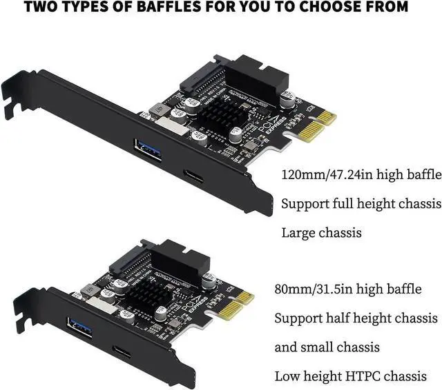 Alt view image 5 of 7 - PH63C PCIe X1 USB3.0 Expansion Card, USB-A+USB-C+Type-E+19/20Pin Header, SATA Powered with Aluminum Heatsink & Full-Height Bracket
