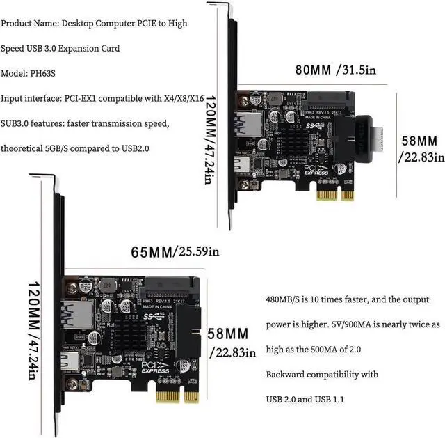 Alt view image 7 of 7 - PH63C PCIe X1 USB3.0 Expansion Card, USB-A+USB-C+Type-E+19/20Pin Header, SATA Powered with Aluminum Heatsink & Full-Height Bracket