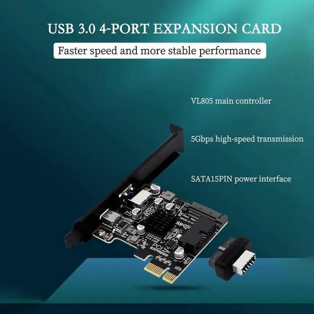 Alt view image 3 of 7 - PH63C PCIe X1 USB3.0 Expansion Card, USB-A+USB-C+Type-E+19/20Pin Header, SATA Powered with Aluminum Heatsink & Full-Height Bracket
