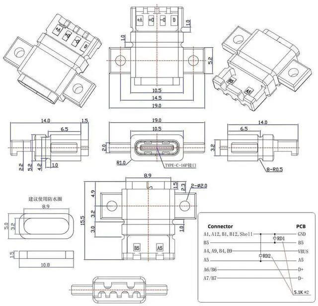 Alt view image 4 of 7 - 5Pcs/Set Screw Mount Type-C Female to 6Pin PCBA Header Socket, DC 5V-20V PD Power DIY OEM Panel Mount USB-C Connector