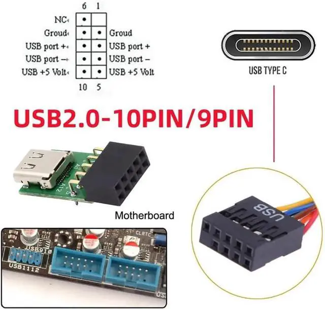 Alt view image 5 of 7 - Single Port USBC Female to USB2.0 9Pin/10Pin Mainboard Header PCB Adapter, 480Mbps USBC Front Panel Converter