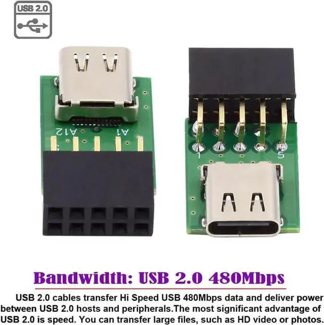 Alt view image 6 of 7 - Single Port USBC Female to USB2.0 9Pin/10Pin Mainboard Header PCB Adapter, 480Mbps USBC Front Panel Converter