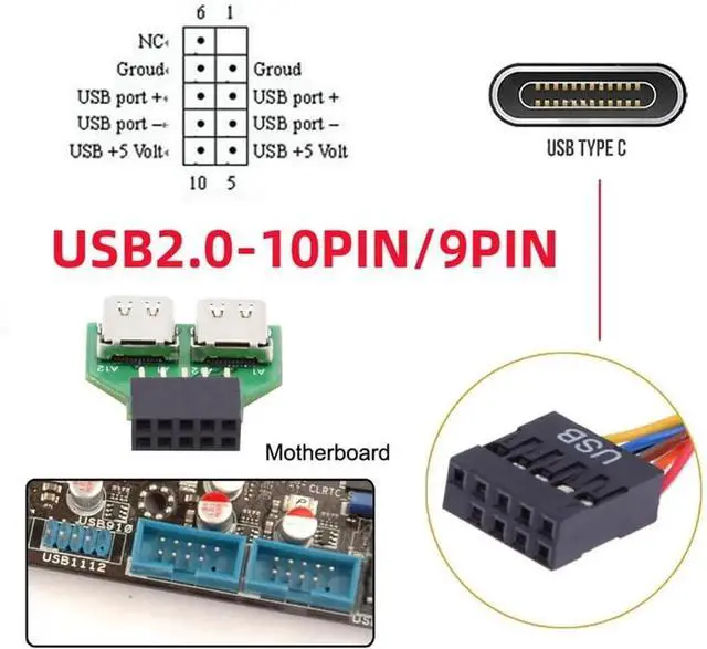 Alt view image 6 of 7 - Dual USB-C Female to Mainboard 9/10Pin USB2.0 Header Adapter PCB, 480Mbps Type-C Front Panel Extension Board