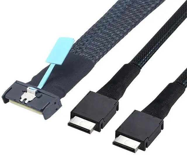 Main image of 1M PCIe 5.0 Gen5 MCIO 8X 8I 74Pin to Dual OCuLink SFF-8611 4I Flat Internal Server Breakout Cable, Black High-Speed Storage Interconnect Cord
