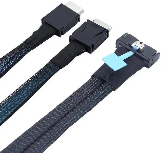 Alt view image 3 of 6 - 1M PCIe 5.0 Gen5 MCIO 8X 8I 74Pin to Dual OCuLink SFF-8611 4I Flat Internal Server Breakout Cable, Black High-Speed Storage Interconnect Cord