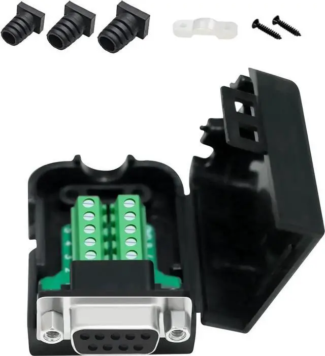Main image of DTECH DB9 Female RS232 Solderless Breakout Board, DB-9 Serial Terminal Block Adapter with Housing, Lock Nuts & Cable Strain Relief