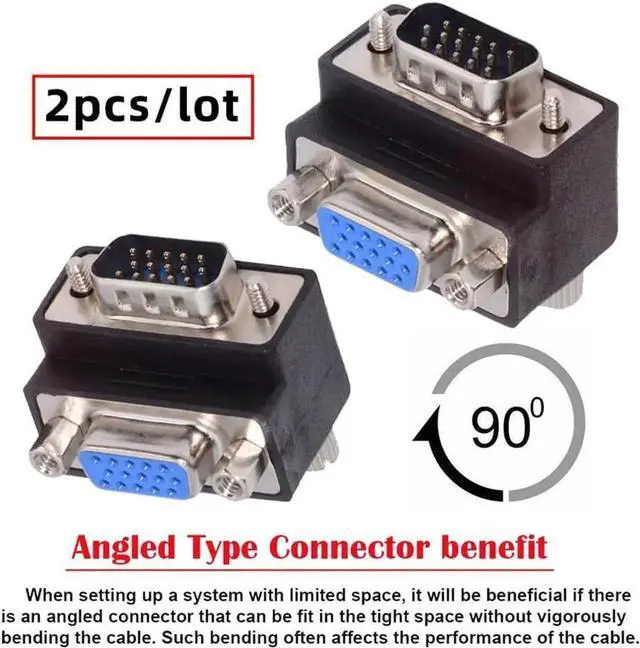 Alt view image 2 of 6 - 2PCS/Lot 90° Up/Down Angled HDB15 VGA Male to Female Screw-Nut Adapter, Right Angle VGA Port Saver for Monitor & Display Connection