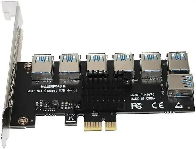Alt view image 5 of 6 - Gold-Plated PCIe 1 to 7 Multiplier Riser Card, PCI-E X1 to 7×X16 USB3.0 GPU Mining Hub Adapter for BTC Crypto Mining Rig