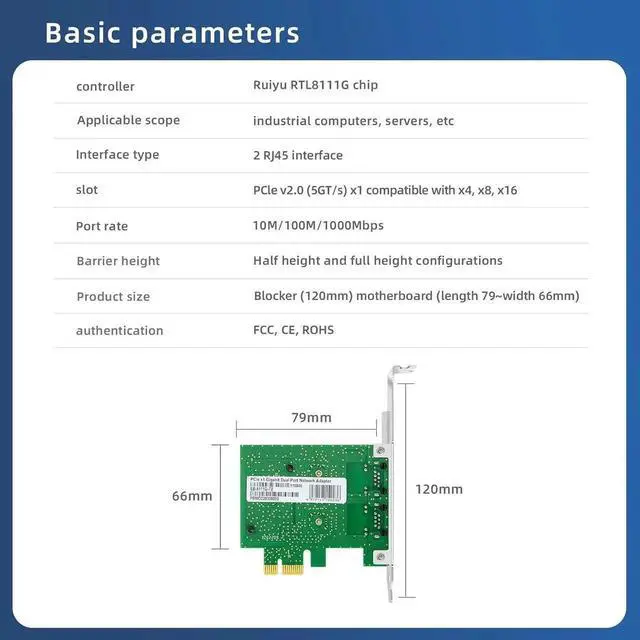 Alt view image 2 of 7 - PCIe Dual Port Gigabit Ethernet Network Card with Realtek RTL8111G Chip, 2×RJ45 10/100/1000Mbps PCI Express LAN Adapter, Supports PXE Boot & WoL for Desktop PC, NAS, Soft Router