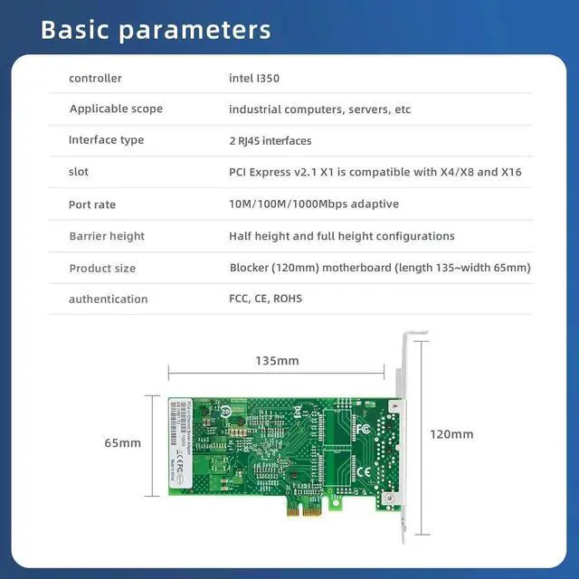 Alt view image 2 of 7 - Dual RJ45 PCIe X1 Gigabit Server NIC with Intel I350-AM2 Chip, I350-T2 Equivalent 2-Port 10/100/1000Mbps LAN Adapter, Supports Windows, Windows Server, Linux, Ubuntu & FreeBSD