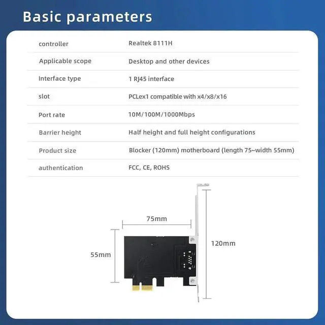 Alt view image 5 of 7 - Single-Port PCIe X1 Gigabit NIC, Realtek RTL8111H RJ45 10/100/1000Mbps Ethernet Adapter with Full & Low Profile Brackets for Desktop PC and Entry Server