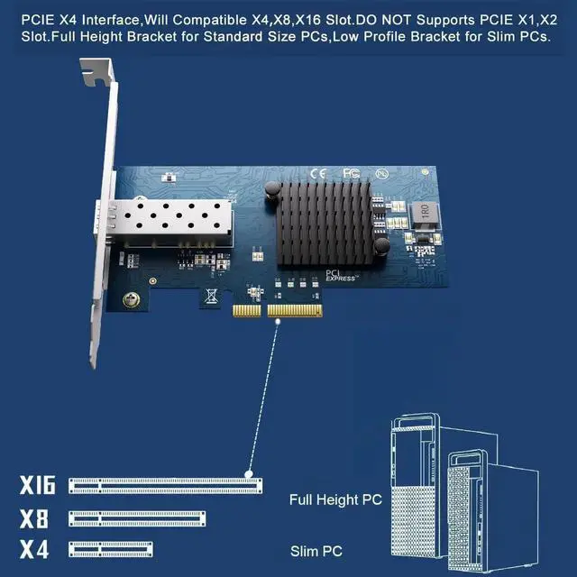 Alt view image 2 of 7 - X520-DA1 Single Port 10G SFP+ PCIe 2.0 x8 NIC, Intel 82599EN Controller Open SFP+ 10Gbps Fiber Ethernet Adapter, Full & Low Profile Brackets for Windows Server Linux VMware ESXi