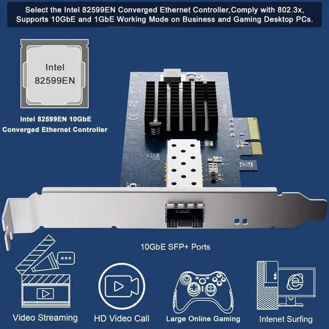 Alt view image 6 of 7 - X520-DA1 Single Port 10G SFP+ PCIe 2.0 x8 NIC, Intel 82599EN Controller Open SFP+ 10Gbps Fiber Ethernet Adapter, Full & Low Profile Brackets for Windows Server Linux VMware ESXi