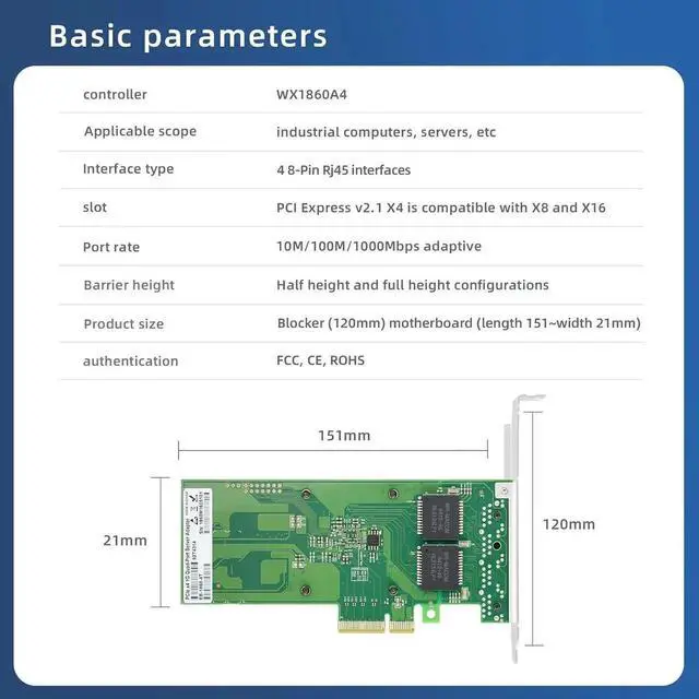 Alt view image 3 of 7 - PCIe 2.1 x4 Quad Port Gigabit Server NIC, Domestic WX1860-T4 Controller 4×RJ45 10/100/1000Mbps Ethernet Adapter, Full & Low Profile Bracket for Windows Server CentOS RHEL Ubuntu SLES Linux Virtualizat