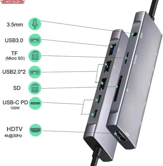Alt view image 3 of 6 - 9 in 1 USB C Docking Station Multiport Hub, USB-C to HDMI Adapter with SD/TF Card Reader, 3.5mm Audio Jack, PD Fast Charging & USB Data Ports for MacBook, iPad, USB-C Laptops