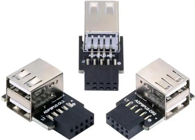 Main image of 3 Pack 90 Degree Vertical 9Pin/10Pin Motherboard Header Splitter, Internal Front Panel USB2.0 Header Female to Dual USB2.0 Female Adapter