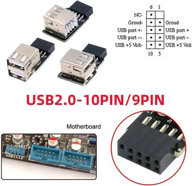 Alt view image 7 of 7 - 3 Pack 90 Degree Vertical 9Pin/10Pin Motherboard Header Splitter, Internal Front Panel USB2.0 Header Female to Dual USB2.0 Female Adapter