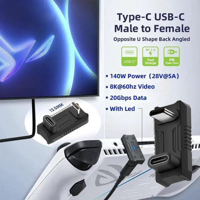 Alt view image 7 of 7 - 2 Pack 180 Degree U Shape USB-C Male to Female Extension Adapter, 20Gbps Data 140W PD Fast Charge 8K@60Hz Video Converter for Steam Deck, ROG Ally, Nintendo Switch