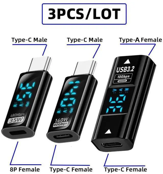 Alt view image 6 of 7 - 3 Pack Smart LED Digital Display USB-C Female to USB-A 8P Adapter, Real-Time Voltage Current Monitor Detector for Fast Charging & Data Sync